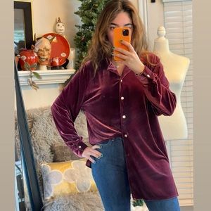 Denim & Co jeans wear velvet berry long button front shirt